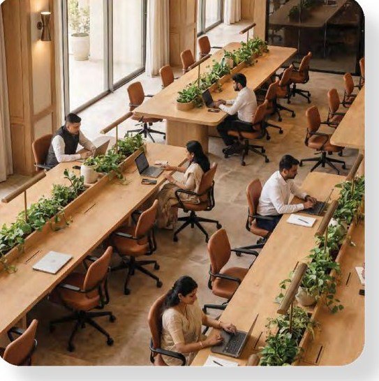 Tata Orbis co-working lounge with shared desks