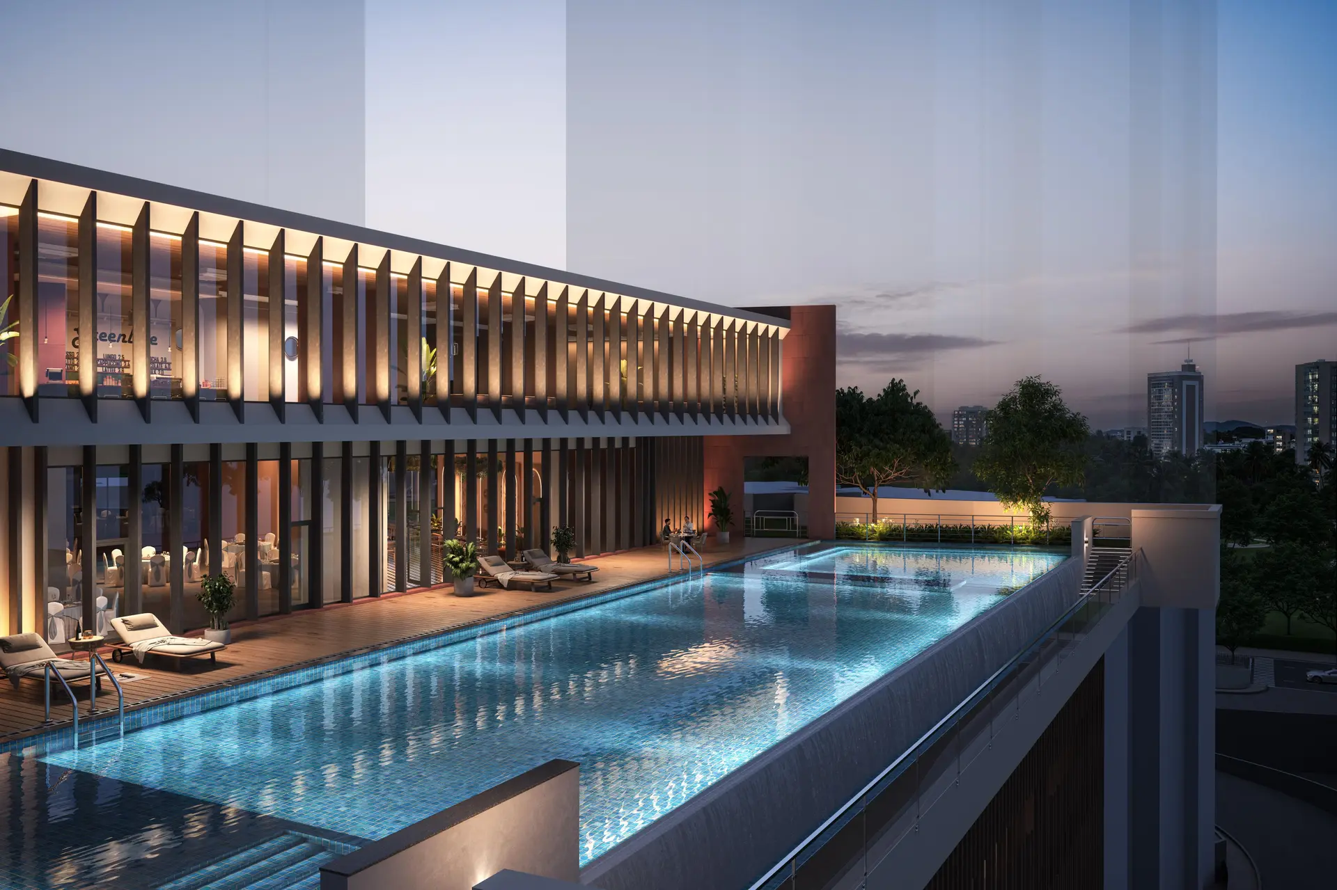 Tata Orbis Ghansoli — rooftop infinity pool and clubhouse deck at dusk